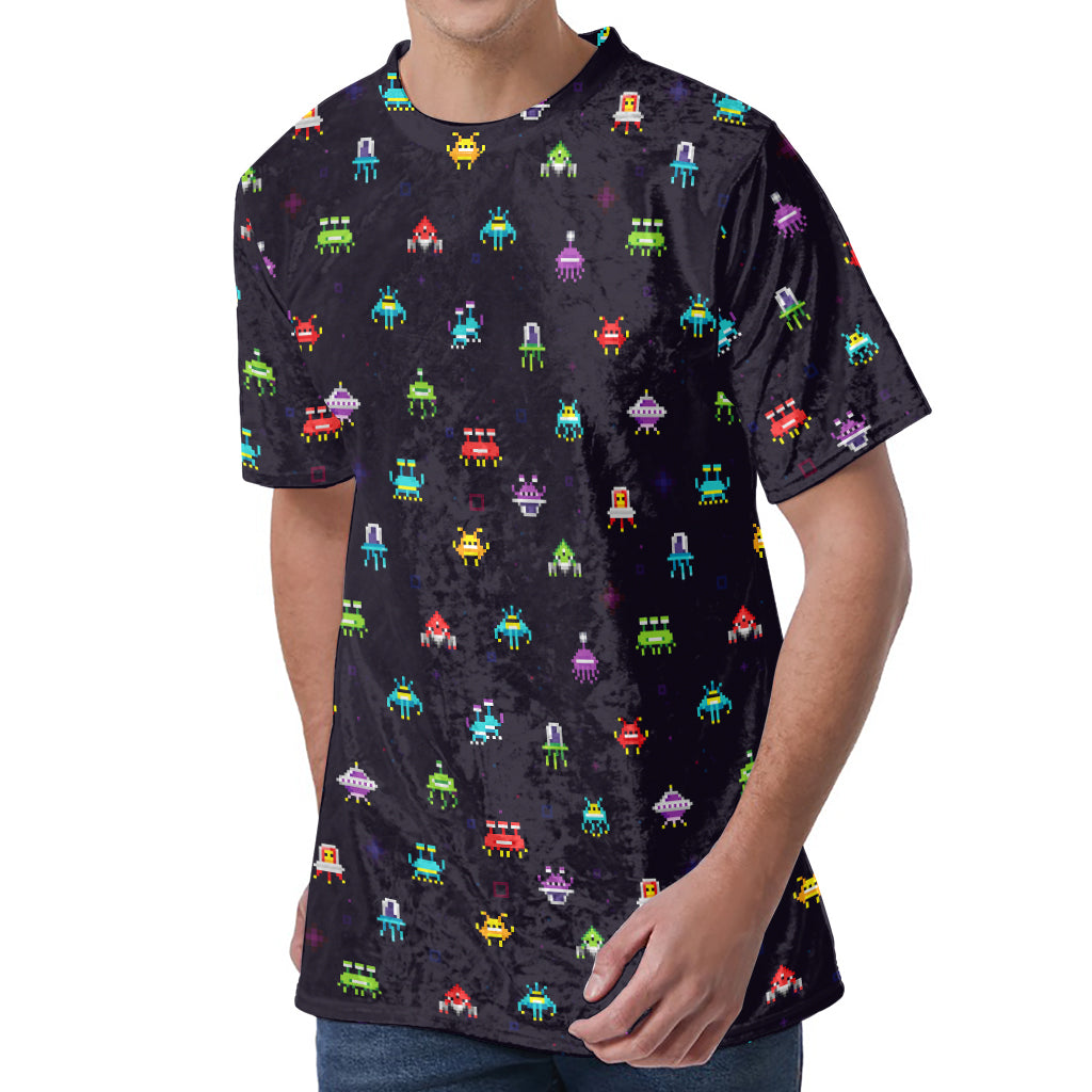 Pixel UFO Aliens Pattern Print Men's Velvet T-Shirt