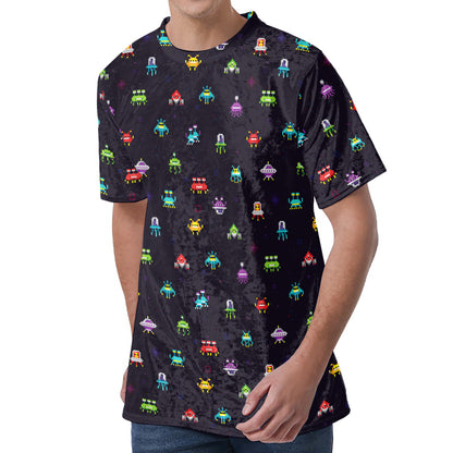 Pixel UFO Aliens Pattern Print Men's Velvet T-Shirt