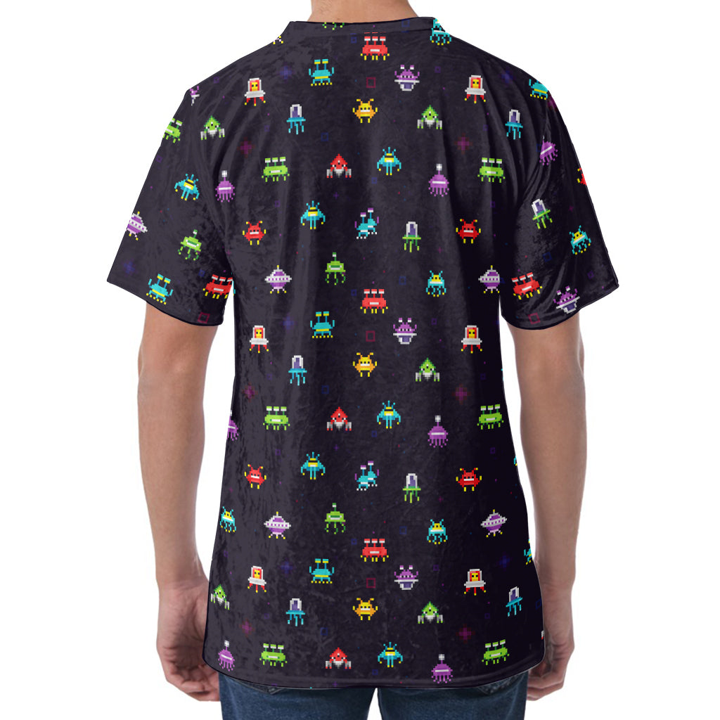 Pixel UFO Aliens Pattern Print Men's Velvet T-Shirt