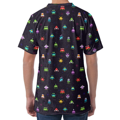 Pixel UFO Aliens Pattern Print Men's Velvet T-Shirt
