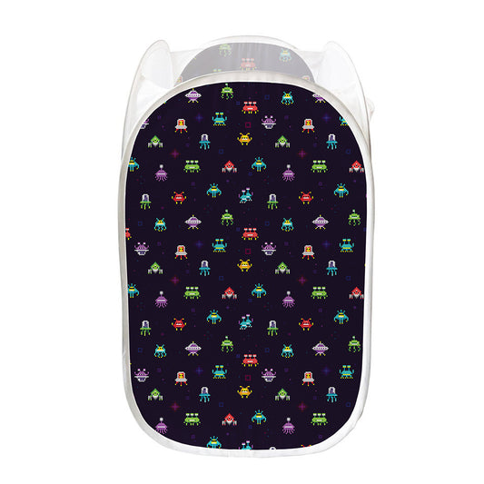 Pixel UFO Aliens Pattern Print Mesh Laundry Hamper