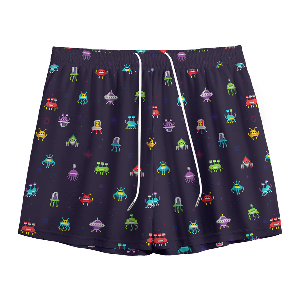 Pixel UFO Aliens Pattern Print Mesh Shorts