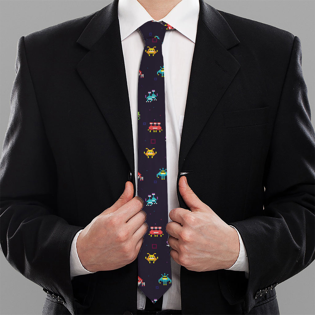 Pixel UFO Aliens Pattern Print Necktie