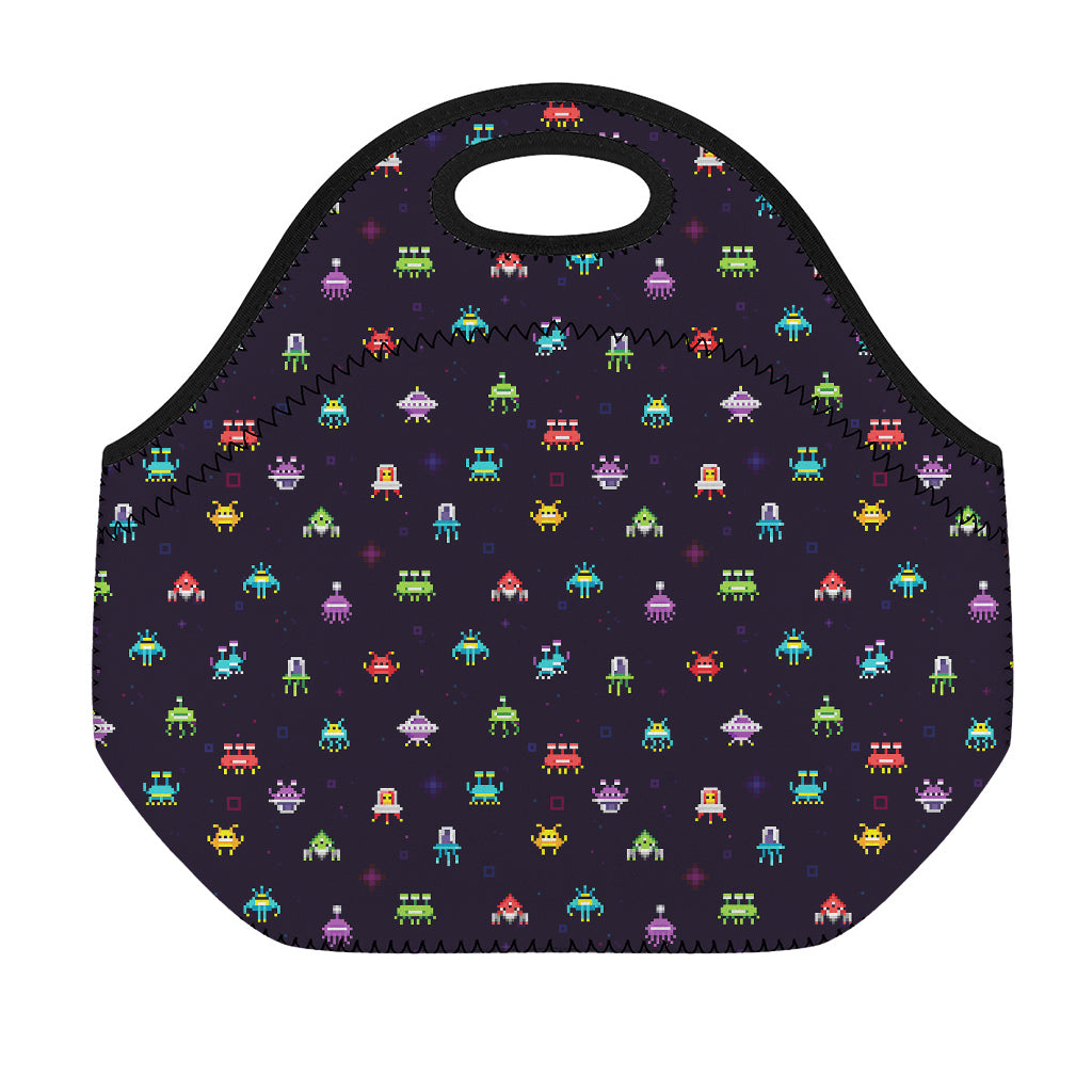 Pixel UFO Aliens Pattern Print Neoprene Lunch Bag