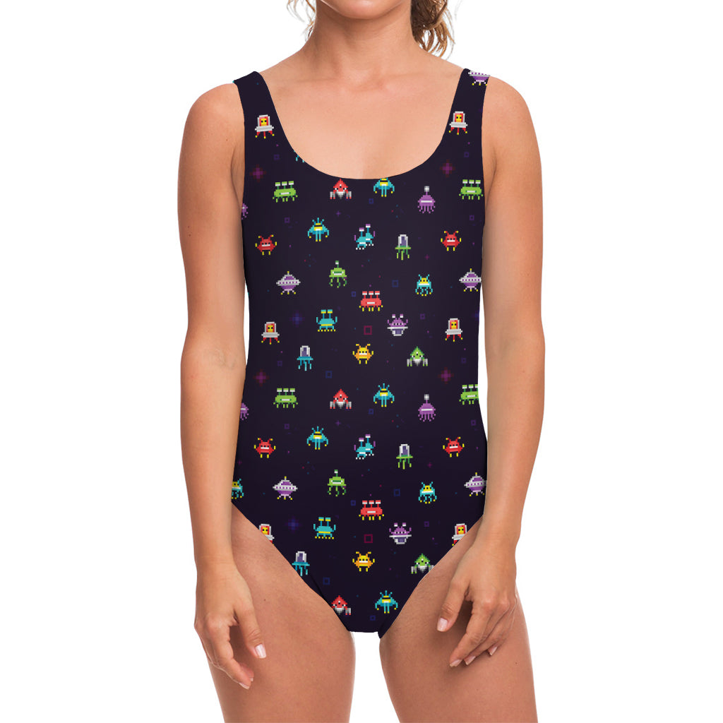 Pixel UFO Aliens Pattern Print One Piece Swimsuit