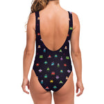 Pixel UFO Aliens Pattern Print One Piece Swimsuit