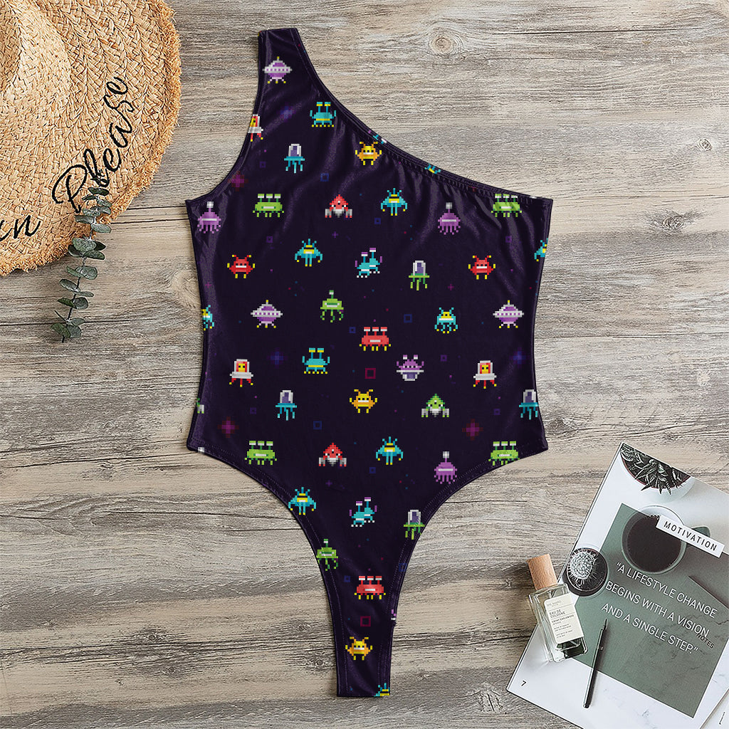 Pixel UFO Aliens Pattern Print One Shoulder Bodysuit