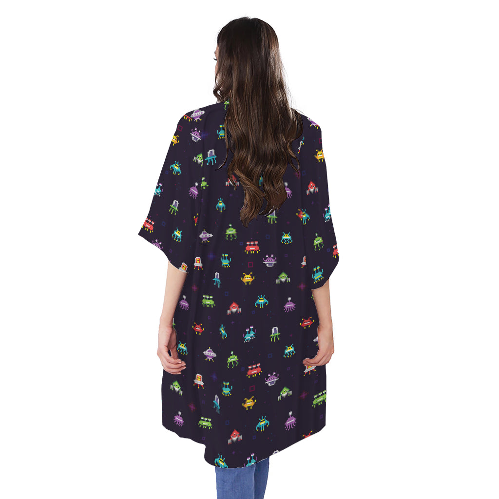 Pixel UFO Aliens Pattern Print Open Front Beach Cover Up