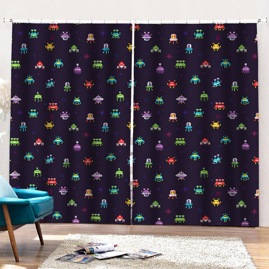 Pixel UFO Aliens Pattern Print Pencil Pleat Curtains