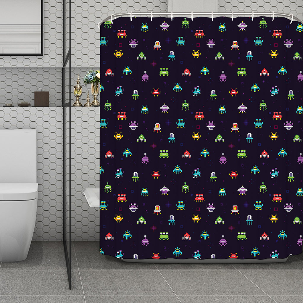 Pixel UFO Aliens Pattern Print Polyester Shower Curtain