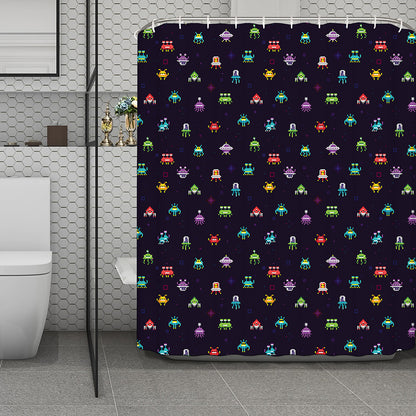 Pixel UFO Aliens Pattern Print Polyester Shower Curtain