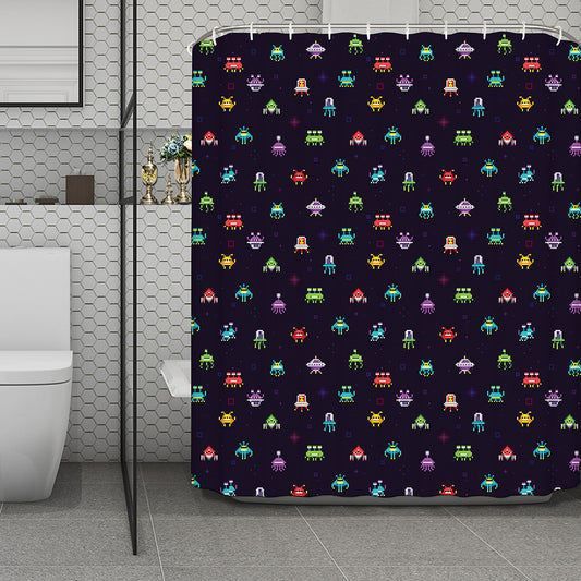 Pixel UFO Aliens Pattern Print Polyester Shower Curtain