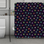 Pixel UFO Aliens Pattern Print Polyester Shower Curtain