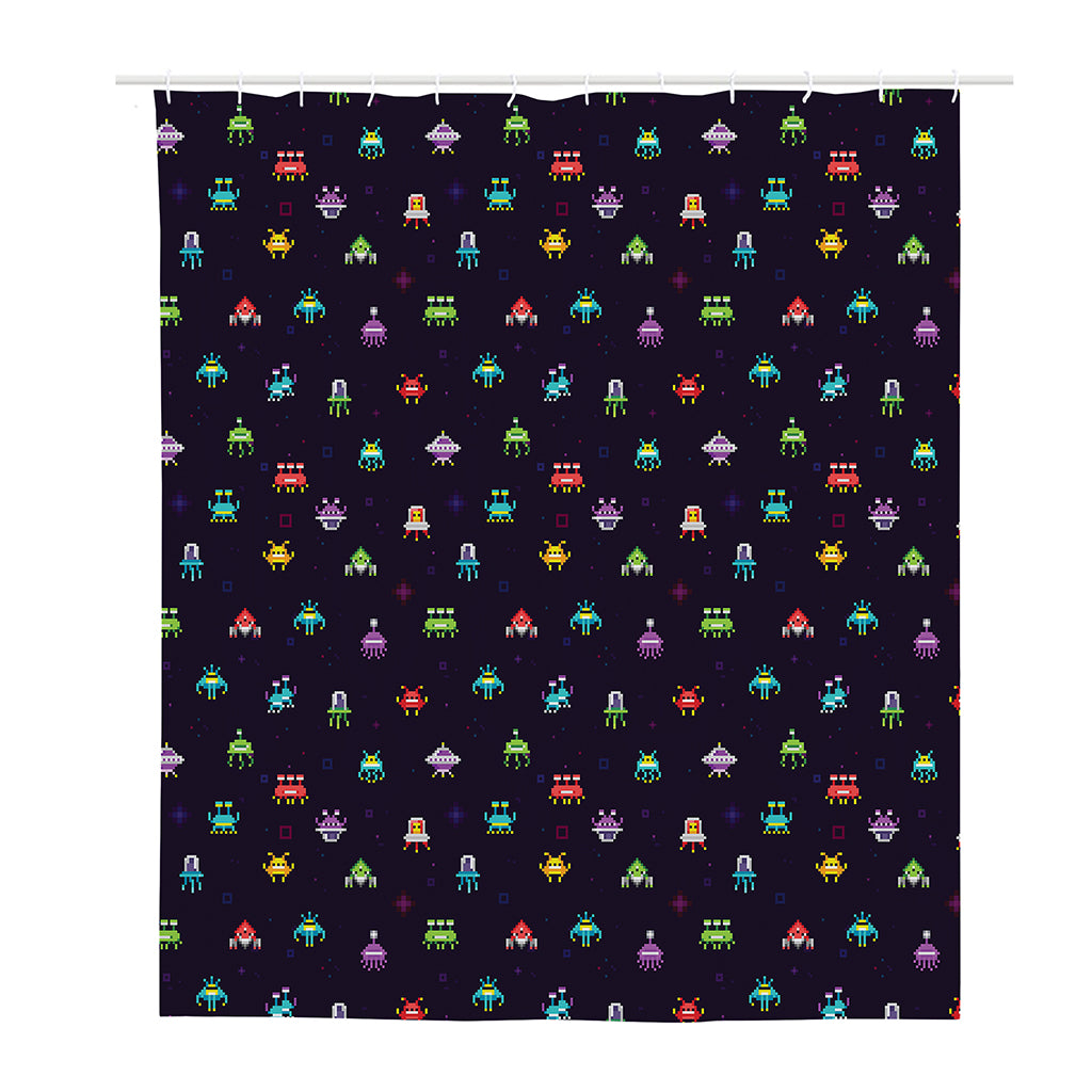 Pixel UFO Aliens Pattern Print Polyester Shower Curtain