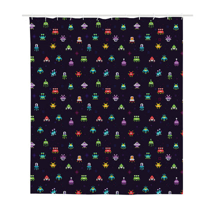 Pixel UFO Aliens Pattern Print Polyester Shower Curtain