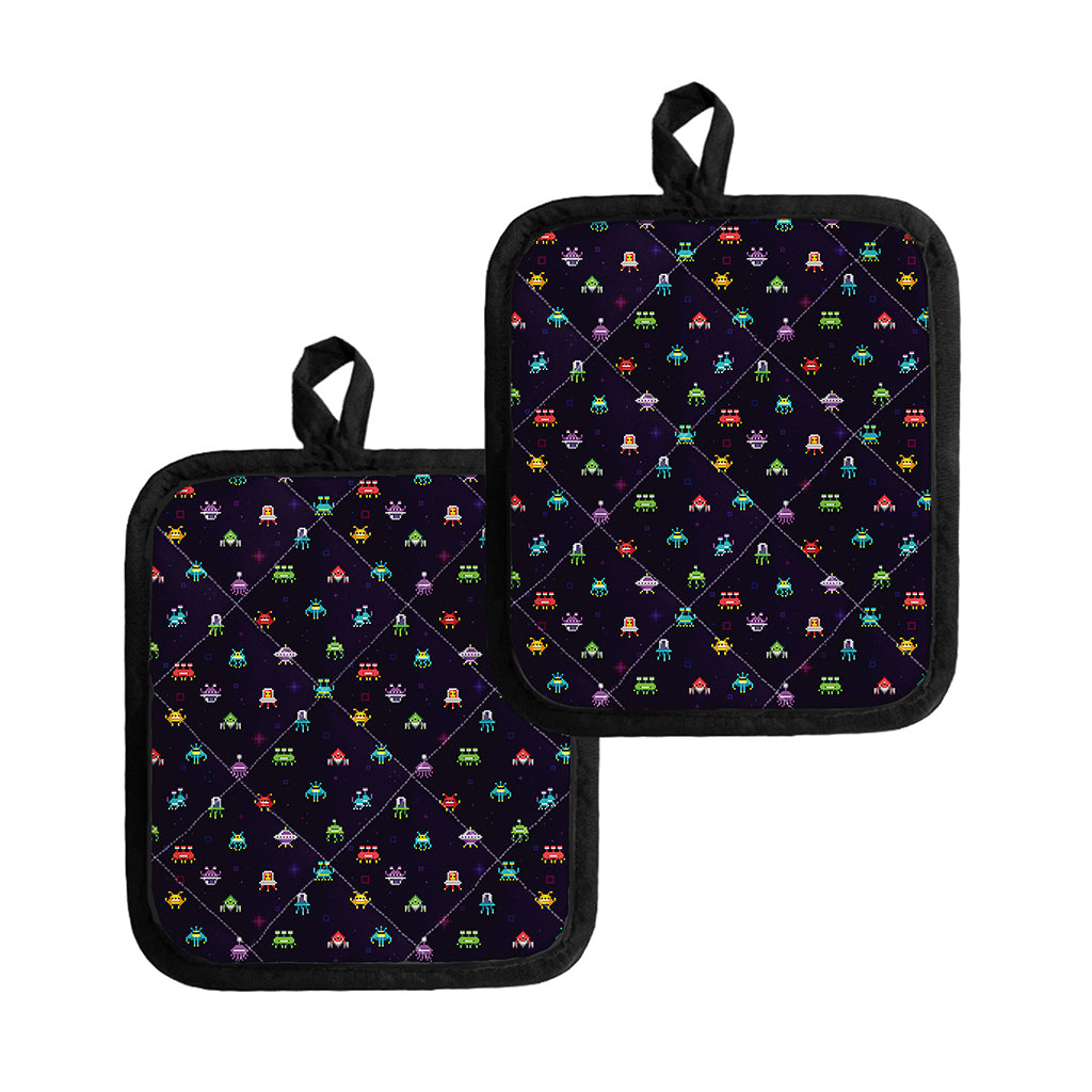 Pixel UFO Aliens Pattern Print Pot Holders