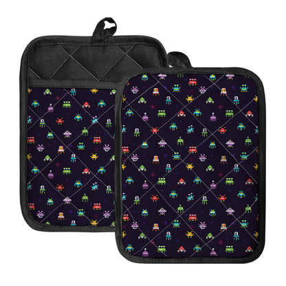 Pixel UFO Aliens Pattern Print Pot Holders With Pocket