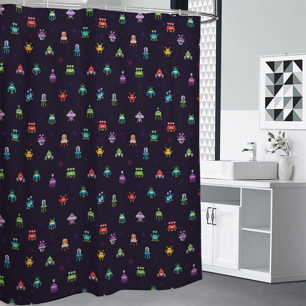 Pixel UFO Aliens Pattern Print Premium Shower Curtain