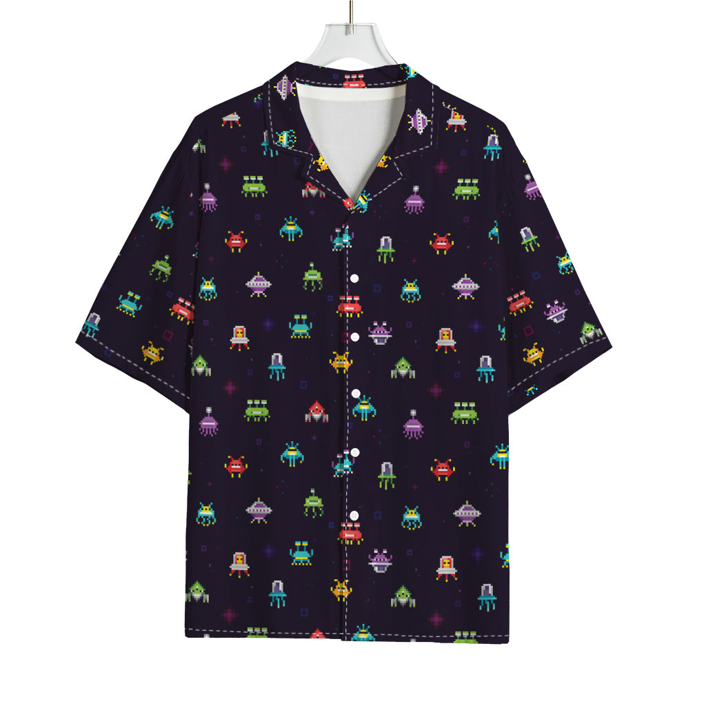 Pixel UFO Aliens Pattern Print Rayon Hawaiian Shirt