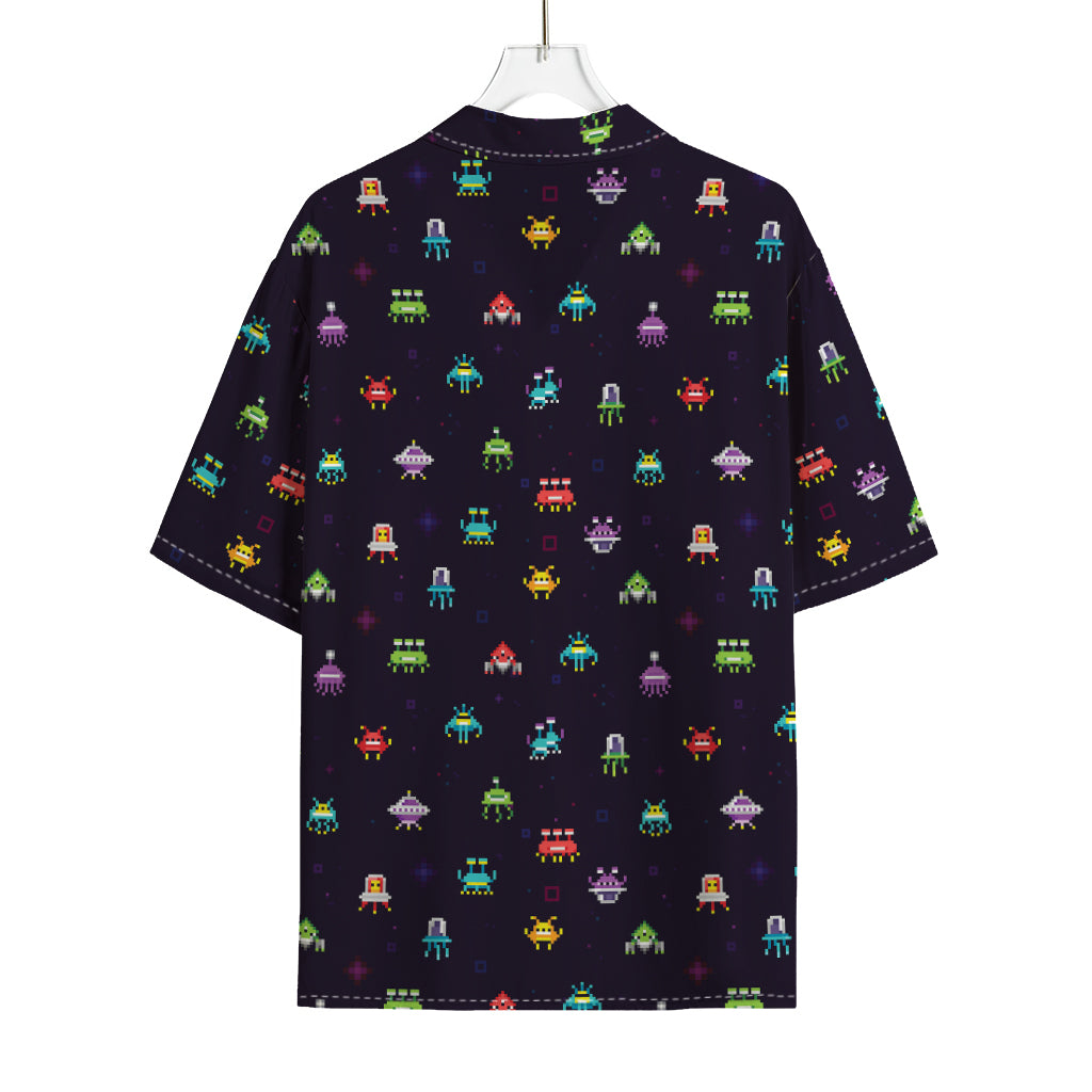 Pixel UFO Aliens Pattern Print Rayon Hawaiian Shirt