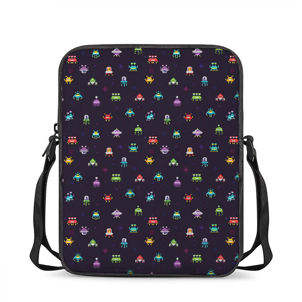 Pixel UFO Aliens Pattern Print Rectangular Crossbody Bag