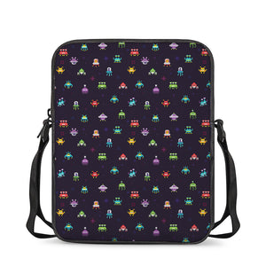 Pixel UFO Aliens Pattern Print Rectangular Crossbody Bag