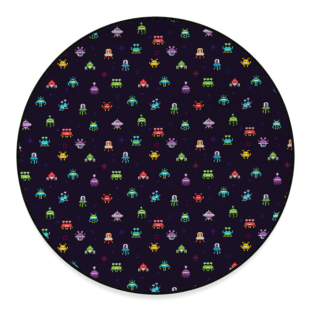 Pixel UFO Aliens Pattern Print Round Floor Mat