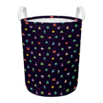 Pixel UFO Aliens Pattern Print Round Laundry Basket
