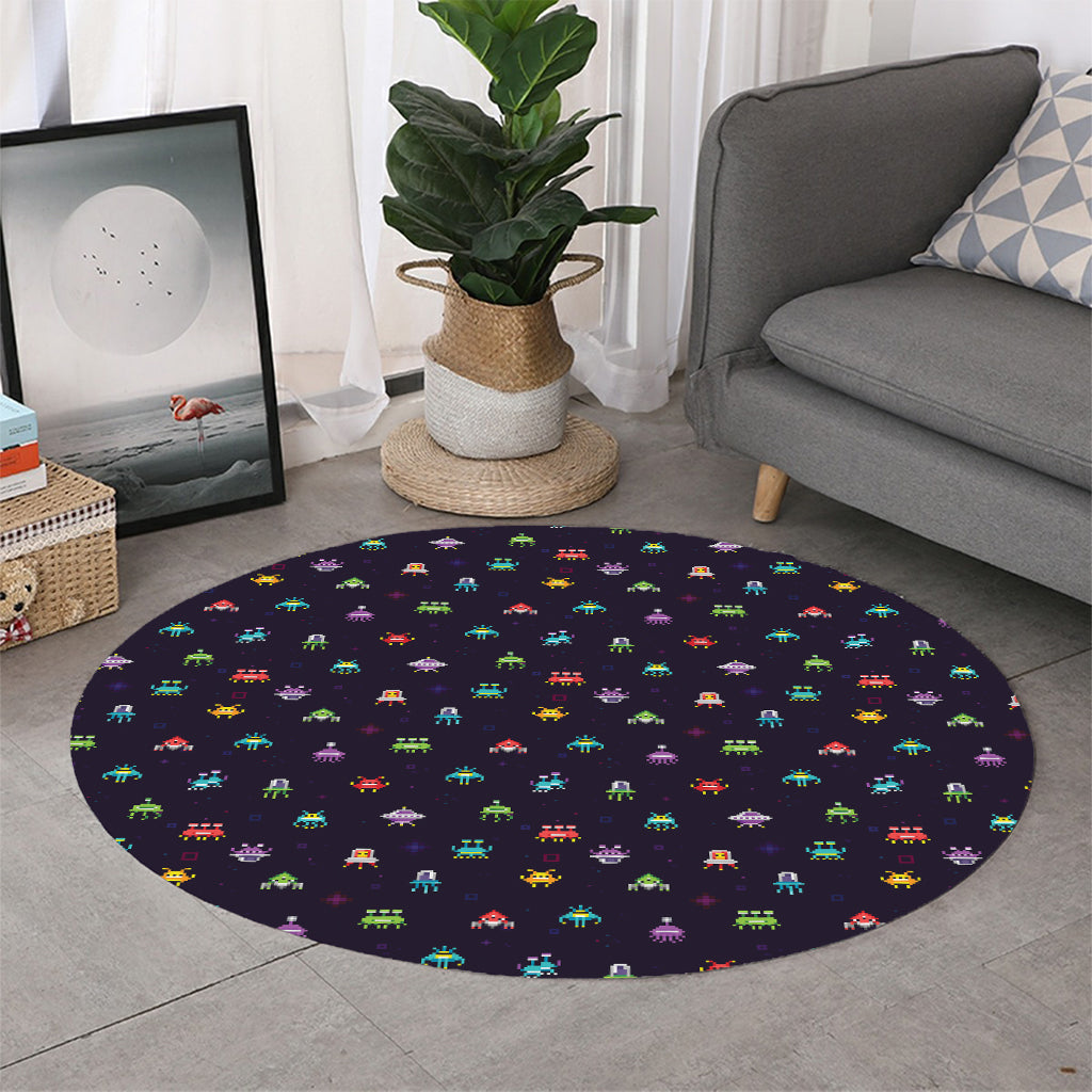 Pixel UFO Aliens Pattern Print Round Rug