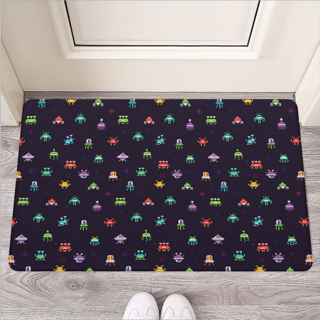 Pixel UFO Aliens Pattern Print Rubber Doormat