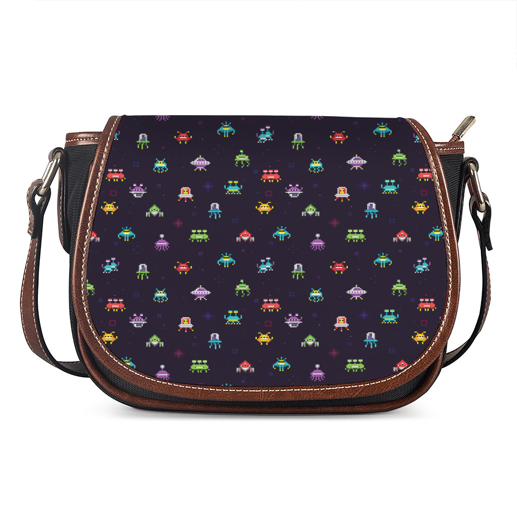 Pixel UFO Aliens Pattern Print Saddle Bag