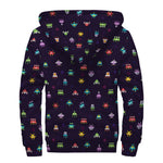 Pixel UFO Aliens Pattern Print Sherpa Lined Zip Up Hoodie