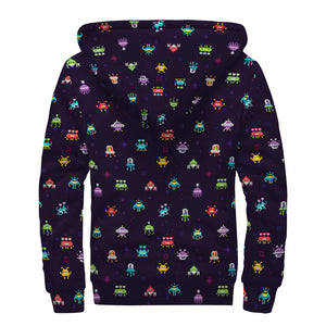 Pixel UFO Aliens Pattern Print Sherpa Lined Zip Up Hoodie