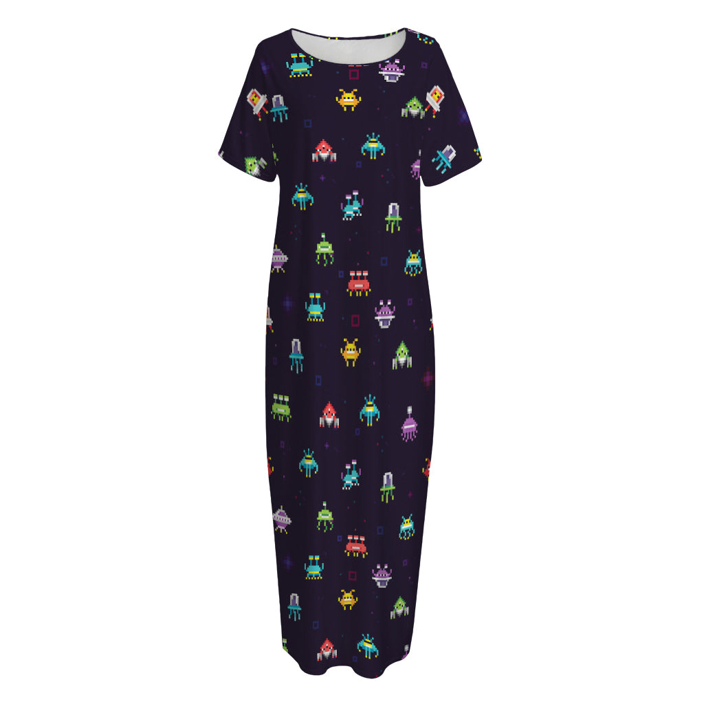 Pixel UFO Aliens Pattern Print Short Sleeve Long Nightdress