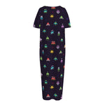 Pixel UFO Aliens Pattern Print Short Sleeve Long Nightdress