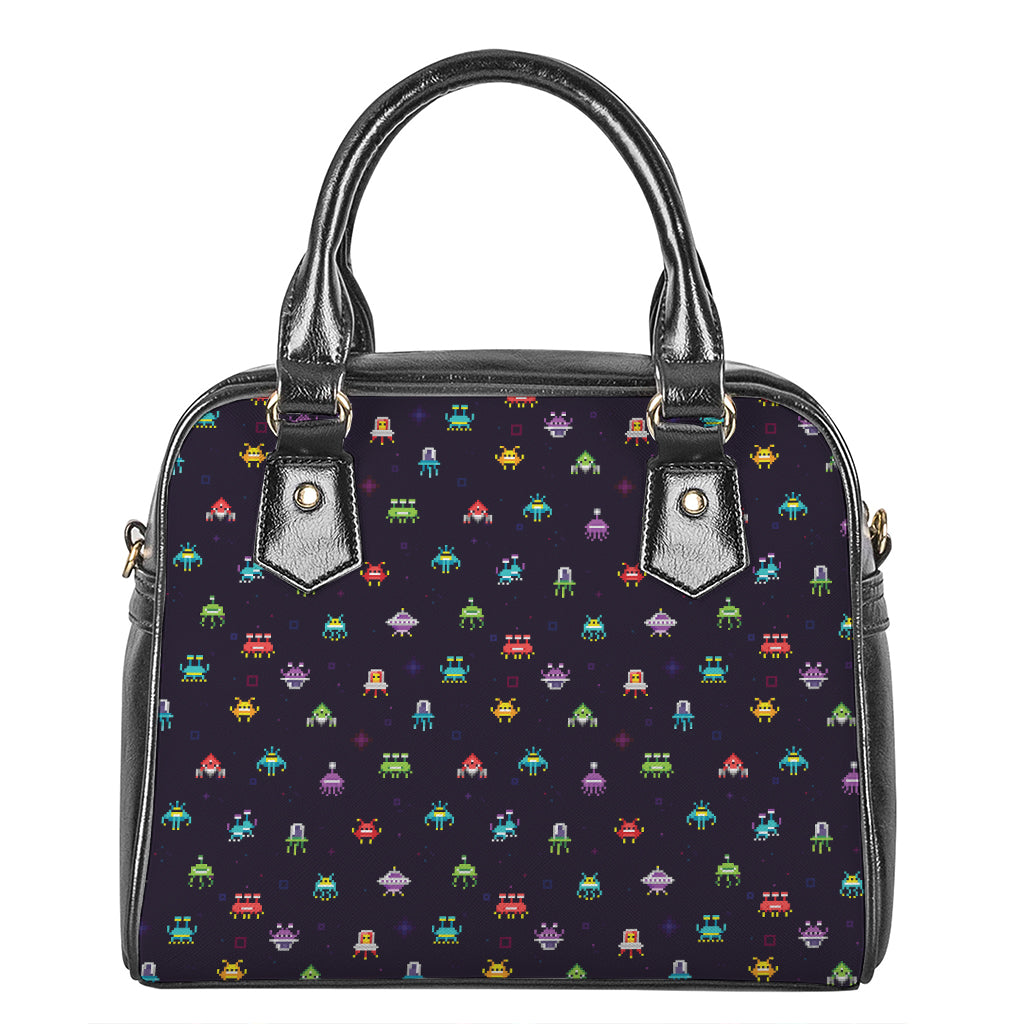 Pixel UFO Aliens Pattern Print Shoulder Handbag