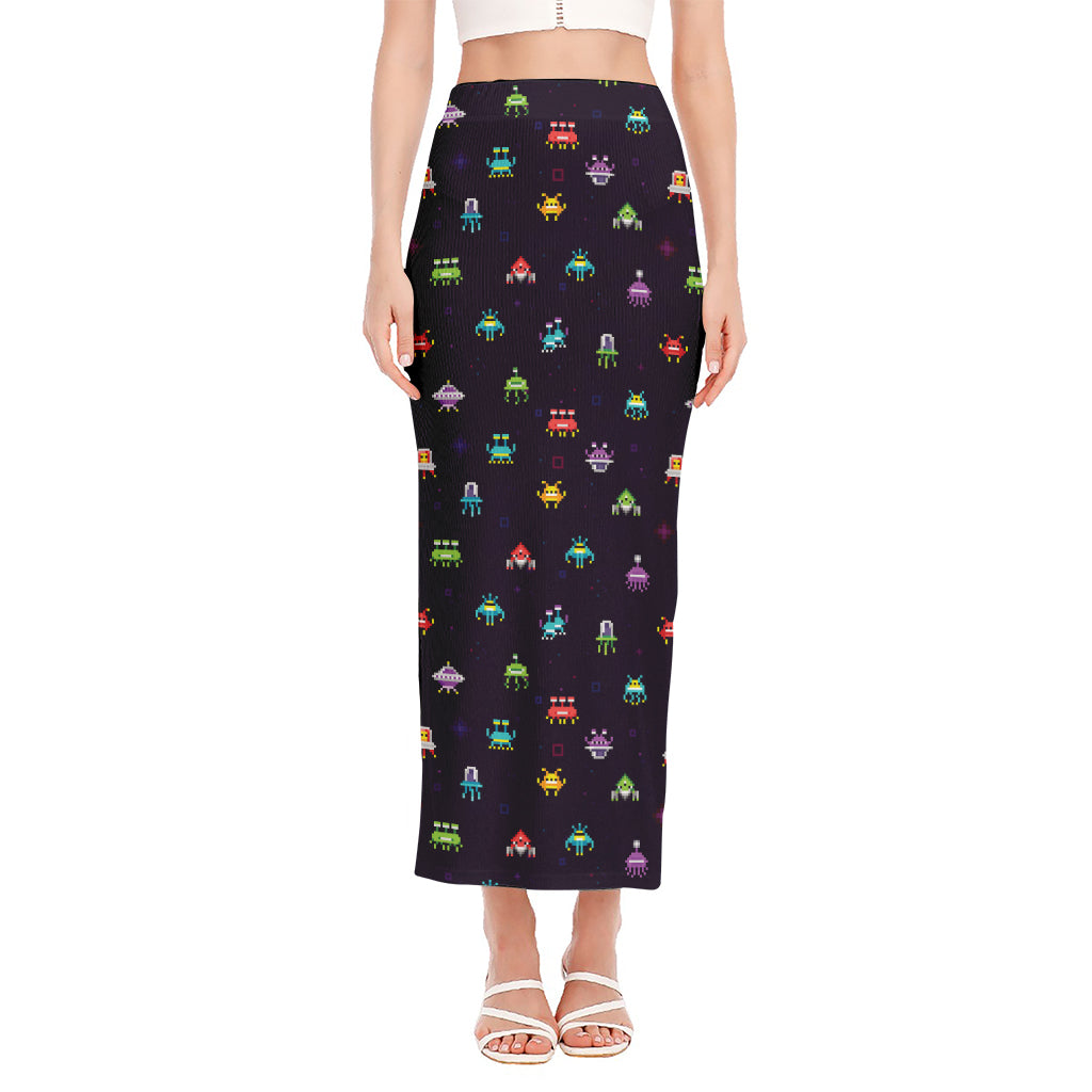 Pixel UFO Aliens Pattern Print Side Slit Maxi Skirt