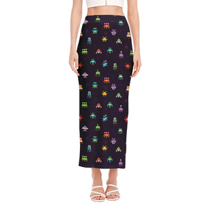 Pixel UFO Aliens Pattern Print Side Slit Maxi Skirt