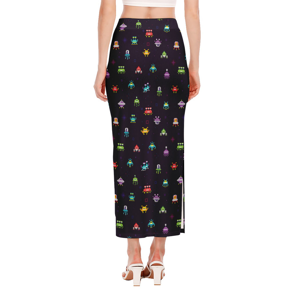 Pixel UFO Aliens Pattern Print Side Slit Maxi Skirt