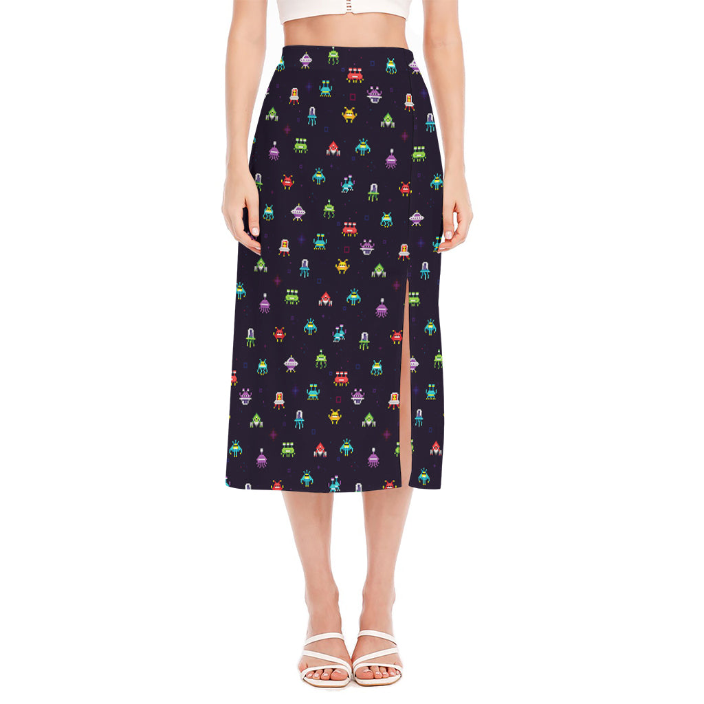 Pixel UFO Aliens Pattern Print Side Slit Midi Skirt