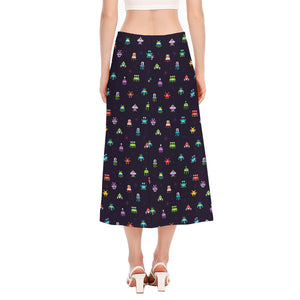 Pixel UFO Aliens Pattern Print Side Slit Midi Skirt