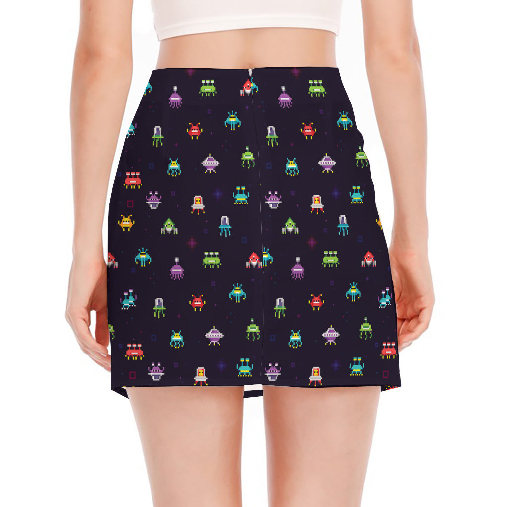 Pixel UFO Aliens Pattern Print Side Slit Mini Skirt