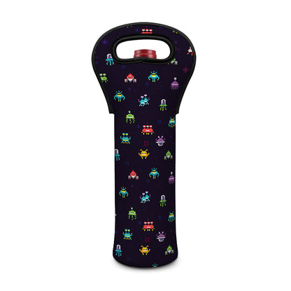 Pixel UFO Aliens Pattern Print Single Neoprene Wine Tote