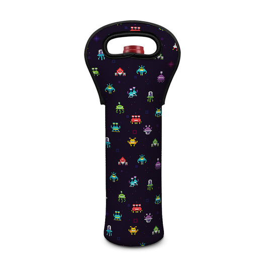 Pixel UFO Aliens Pattern Print Single Neoprene Wine Tote