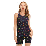 Pixel UFO Aliens Pattern Print Sleeveless One Piece Swimsuit