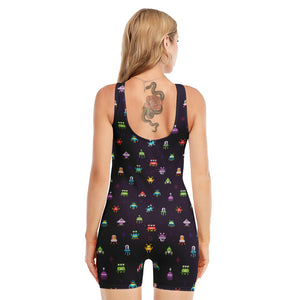 Pixel UFO Aliens Pattern Print Sleeveless One Piece Swimsuit