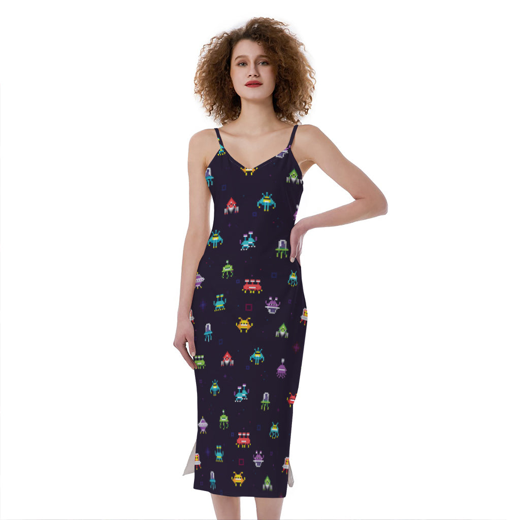 Pixel UFO Aliens Pattern Print Slim Fit Midi Cami Dress