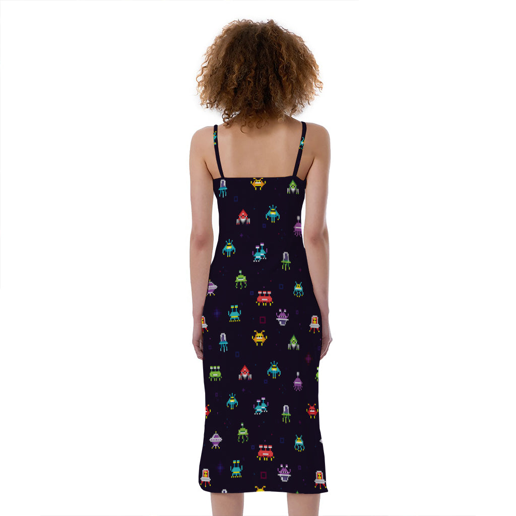 Pixel UFO Aliens Pattern Print Slim Fit Midi Cami Dress