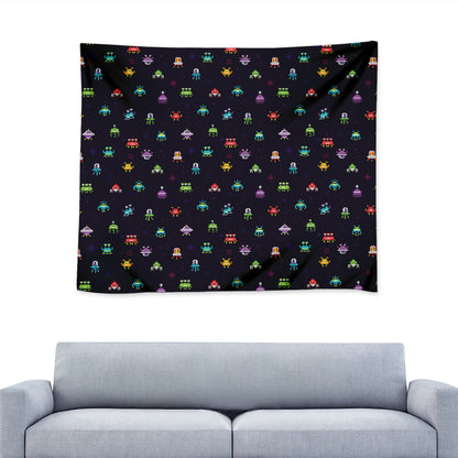 Pixel UFO Aliens Pattern Print Tapestry