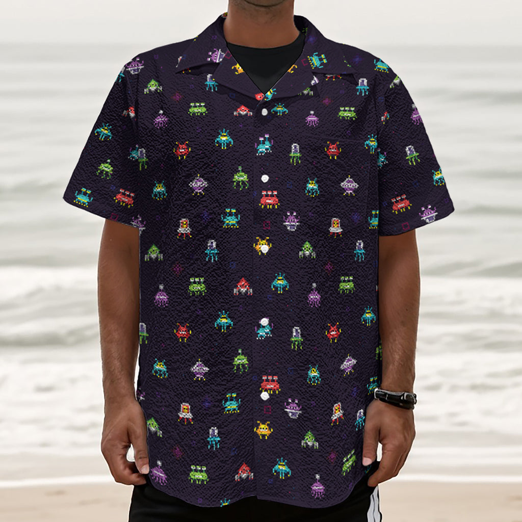 Pixel UFO Aliens Pattern Print Textured Short Sleeve Shirt